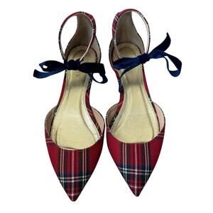 J. CREW Red Tartan Plaid Blue Velvet  Strap Pointy Toe Flats Size 7
